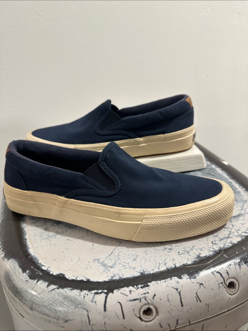 Sperry Navy Canvas Slip-On Loafers with Cream Sole 372